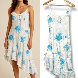 Griffin Paris Cottagecore Midi Dress Blue Floral Ruffle Hem Lace-Up Bust